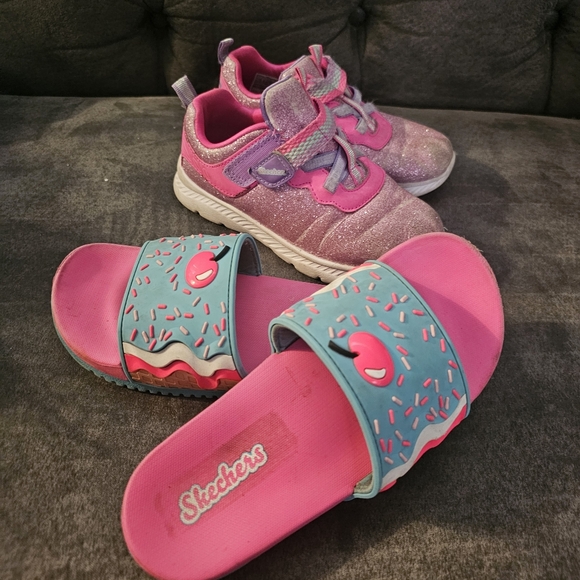 Skechers Kids' Sparkly Pink and Blue Sneakers And Cherry Sundae Sandals Sz 10 13 - Picture 1 of 7